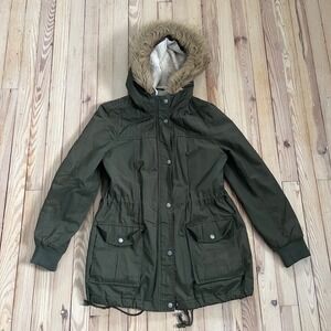 GH Bass Women Olive Green Sherpa Lined Utility Parka Faux Fur Hood Jacket Medium